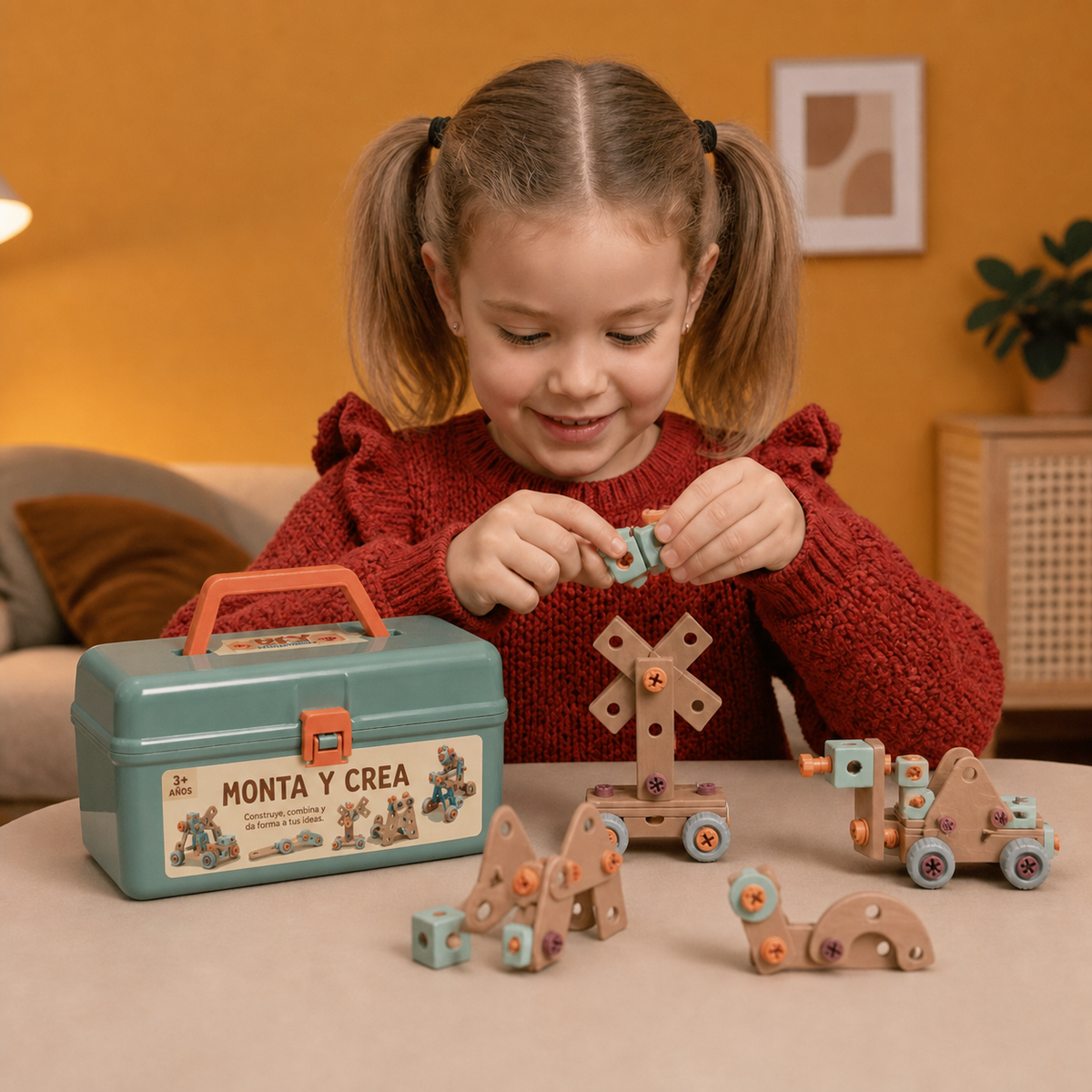 Niña construyendo con MimoBuilder y maletín Monta y Crea