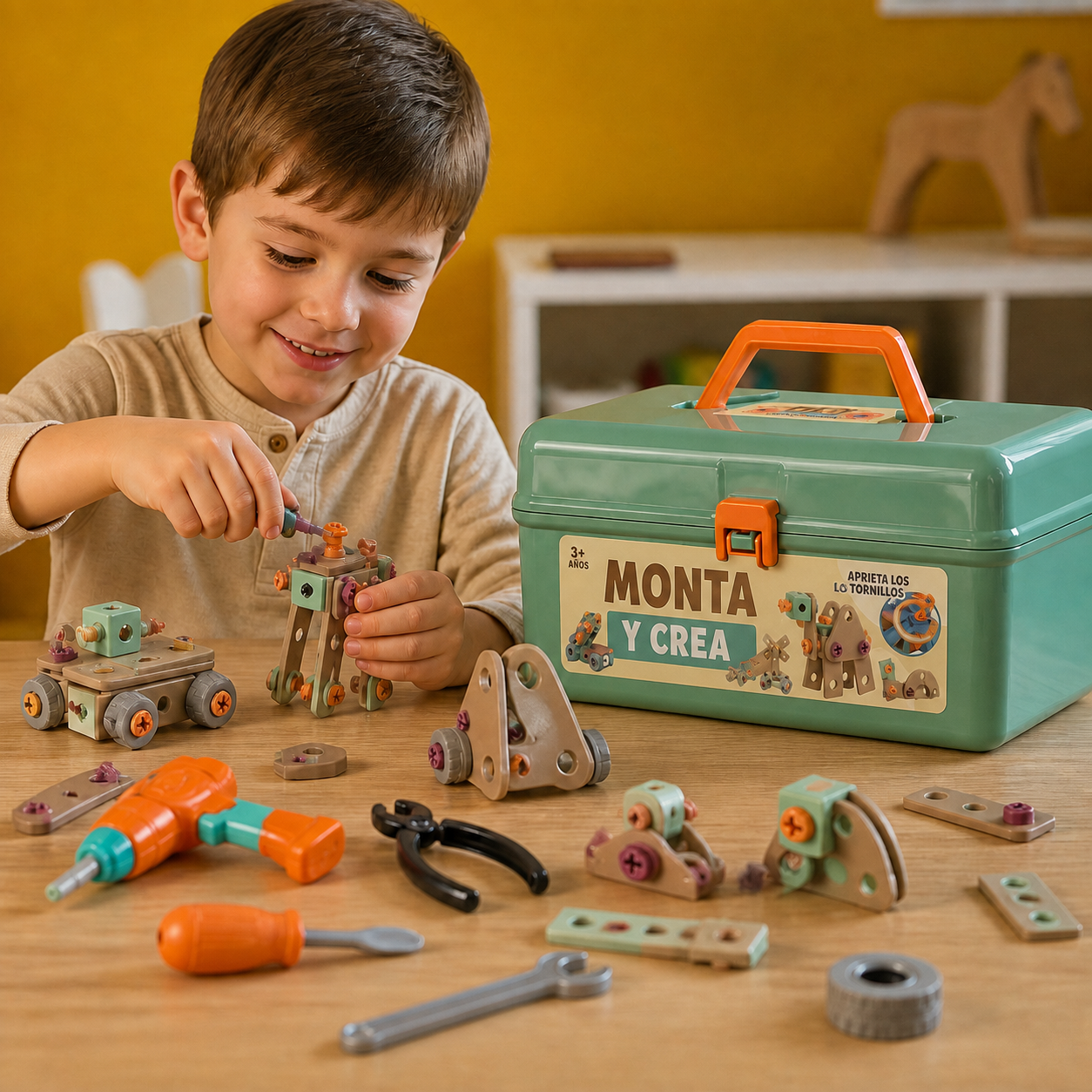 Niño usando las herramientas MimoBuilder con maletín Monta y Crea