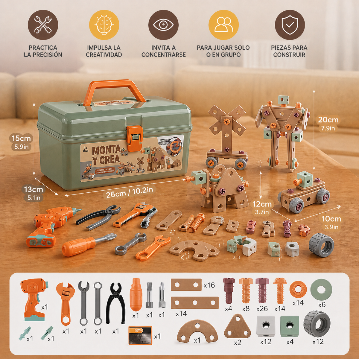 Contenido, medidas y piezas del set MimoBuilder
